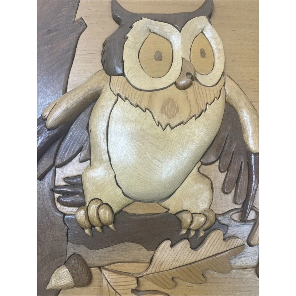Vintage 3D Intarsia Wood Inlay‎ Owl Framed Wall Hanging Art 15